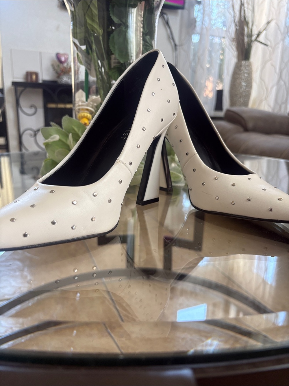 Nine West White Rhinestone-Studded Pointed Toe Pumps